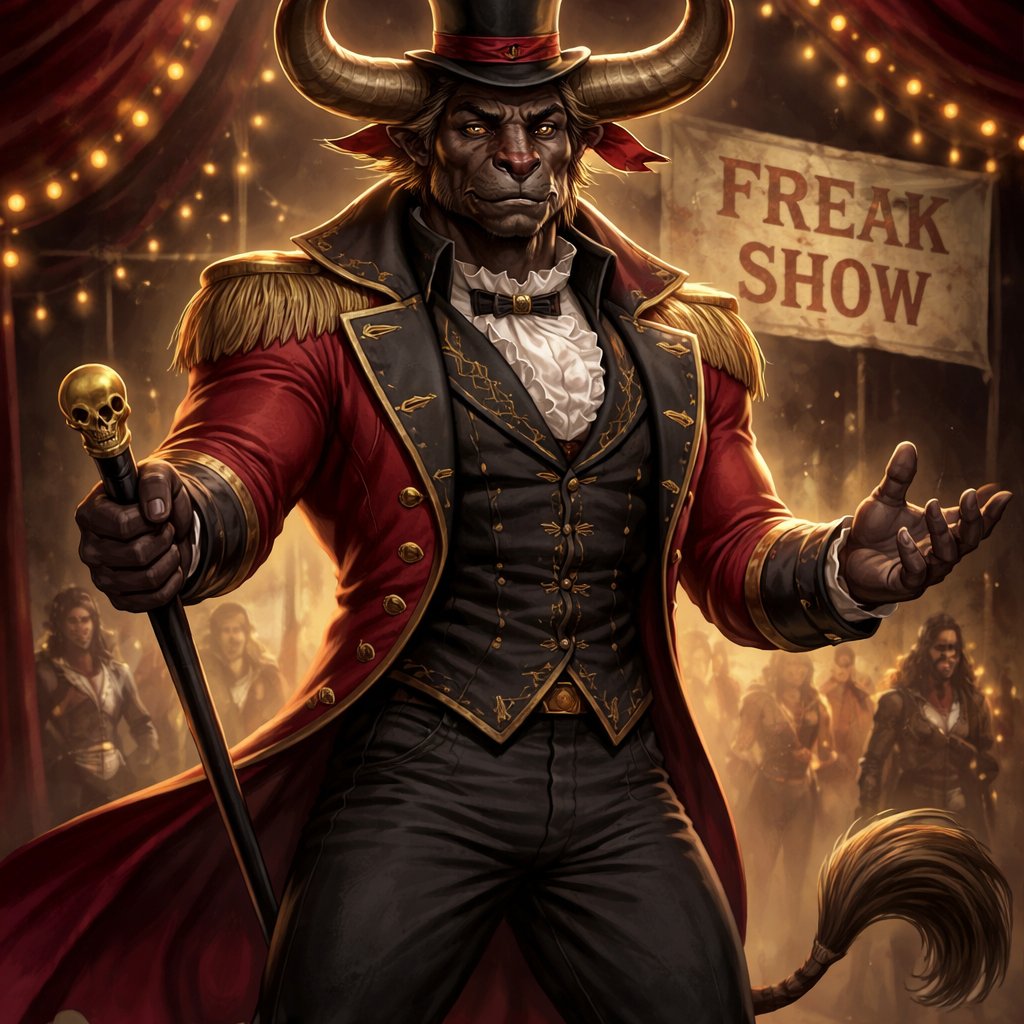 A male medium brown Minotaur with cattle like brown eyes, large powerful gleaming horns like his fathers, a well~proportioned figure/body at lest 6 foot tall, long tail. He works at freak show as the ringmaster.