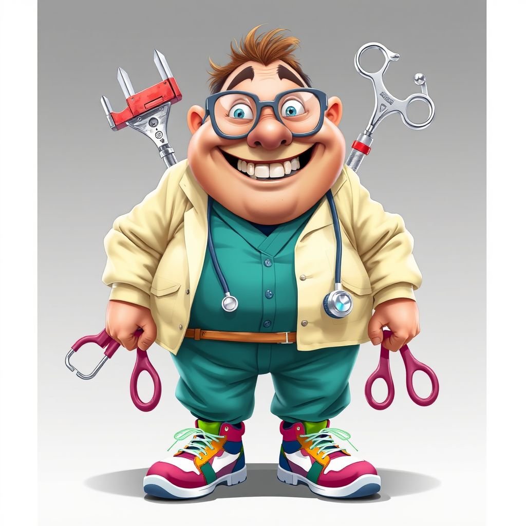 create a fat doctor. Who is funny human looking from head to toe. And he always immediately results to surgery for anything even small things. So please be sure to show his whole outfit head to toe. Make him have funny teeth 