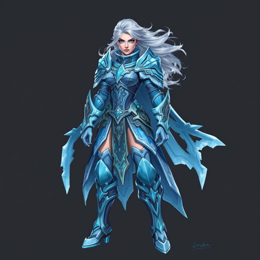 Create a battle woman hero called Alvara the Frostheart. Show full body head to toe including shoes