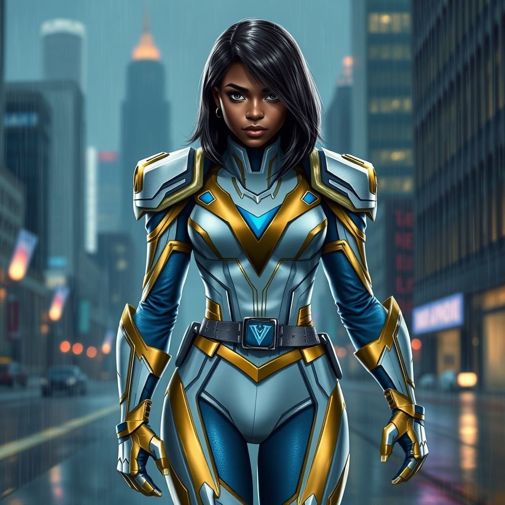 A teenage African American female superhero with hair in a shoulder length side part style wearing a partially armored white and Gold suit with blue accents and a stylized V as her chest emblem a utility belt and silver boots standing in Philadelphia during a rain storm