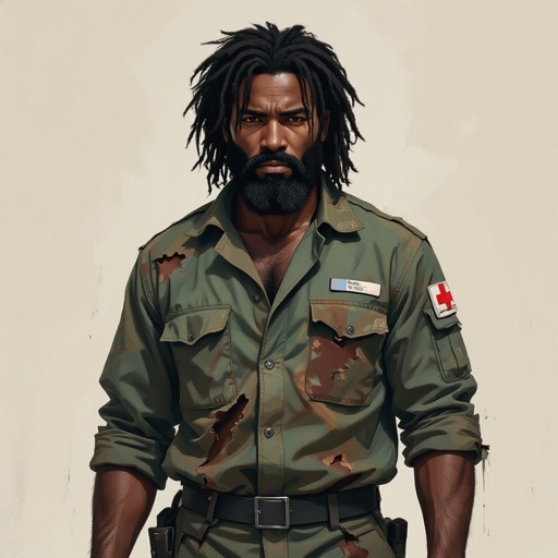 A African American man with a black beard and black medium long hair wearing a medical uniform