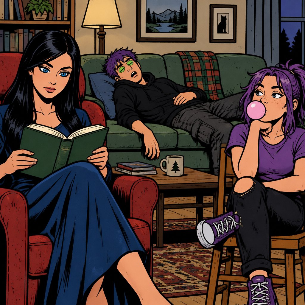Three siblings, Female name Liz, oldest, tale, pale, beautiful, very call expression, mysterious, black hair long curtain bangs style, bright blue eyes, wearing a dark blue long turtleneck dress, high heels, eye liner,dark eye shadow,red lips, wearing jewelry, Anime style, Agent Ward male, middle child, made to be a weapon, highly skilled, emergency backup case he gets out of control, hair violet messy bun, clean shaven, night vision eyes, sharp teeth, strong dark power, tall, intimidating, easily gets headaches , he's used as an emergence backup weapon in an agency he works for,Female Ann, youngest sibling, medium hight, tan, blue eyes, vivid purple dim hair in a messy bun her front hair is swooped down in her right side, mischievous,all in casual clothes,In living room,Liz on chair reading a romance book,Ann on phone blowing bubblegum on a wooden chair her feet on the table ,ward he’s passed out on couch mumbling in his sleep