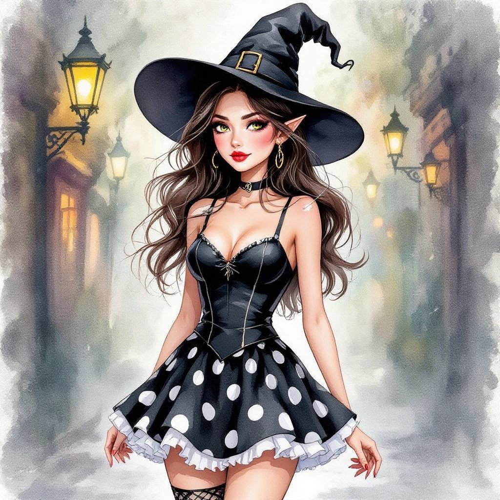 Brunette witch elf in a tight black and white polka dot mini skirt and witches hat. Nothing Else