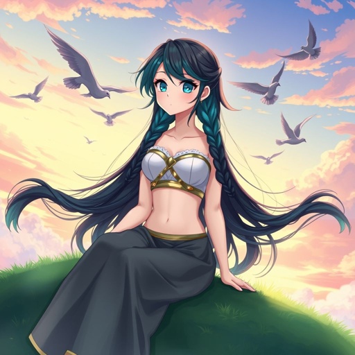 A young female with fair skin and vibrant teal eyes. Black hair with cyan tips in the form of two long braids. Wearing a two-piece goddess outfit (specifically top and trousers exposing a small amount of stomach) sitting on a hill watching pigeons fly from a very far distance