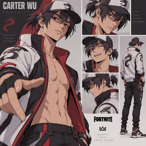 Carter wu from Fortnite, short ponytail hair on the side of ears , jacket with no shirt, cap, white black and red colors