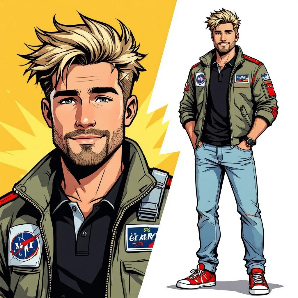 man with Dirty Blonde Unkempt Hair and Goatee.  Astronaut Flight Jacket Black And White Polo and Light blue denim jeans with red sneakers