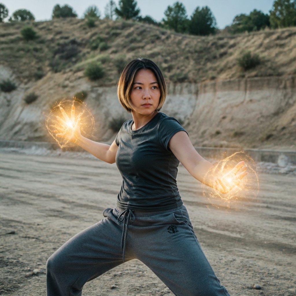 Adult female with short black hair with blonde tips wearing comfortable sweatpants and tee shirt they have hero quirk abilities