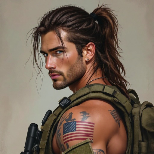 White younger American man, Army attire (full tactical), dark brown hair, muscular, tattoo of the American flag on the back of neck, soft facial expression, long messy hair with a little ponytail, blue eyes, no facial hair, helmet 