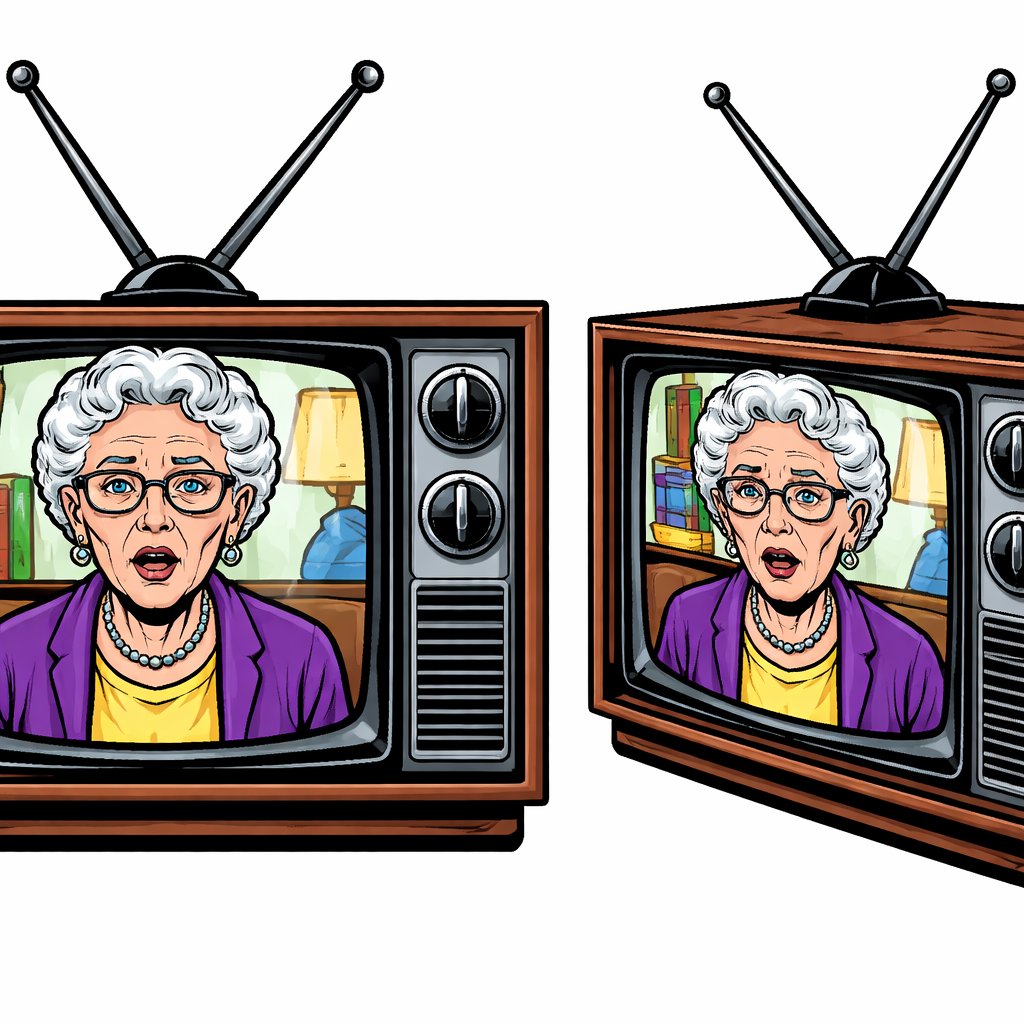 Old-fashioned tv with old lady speaking. Front on view and ¾ view. No speech bubbles.