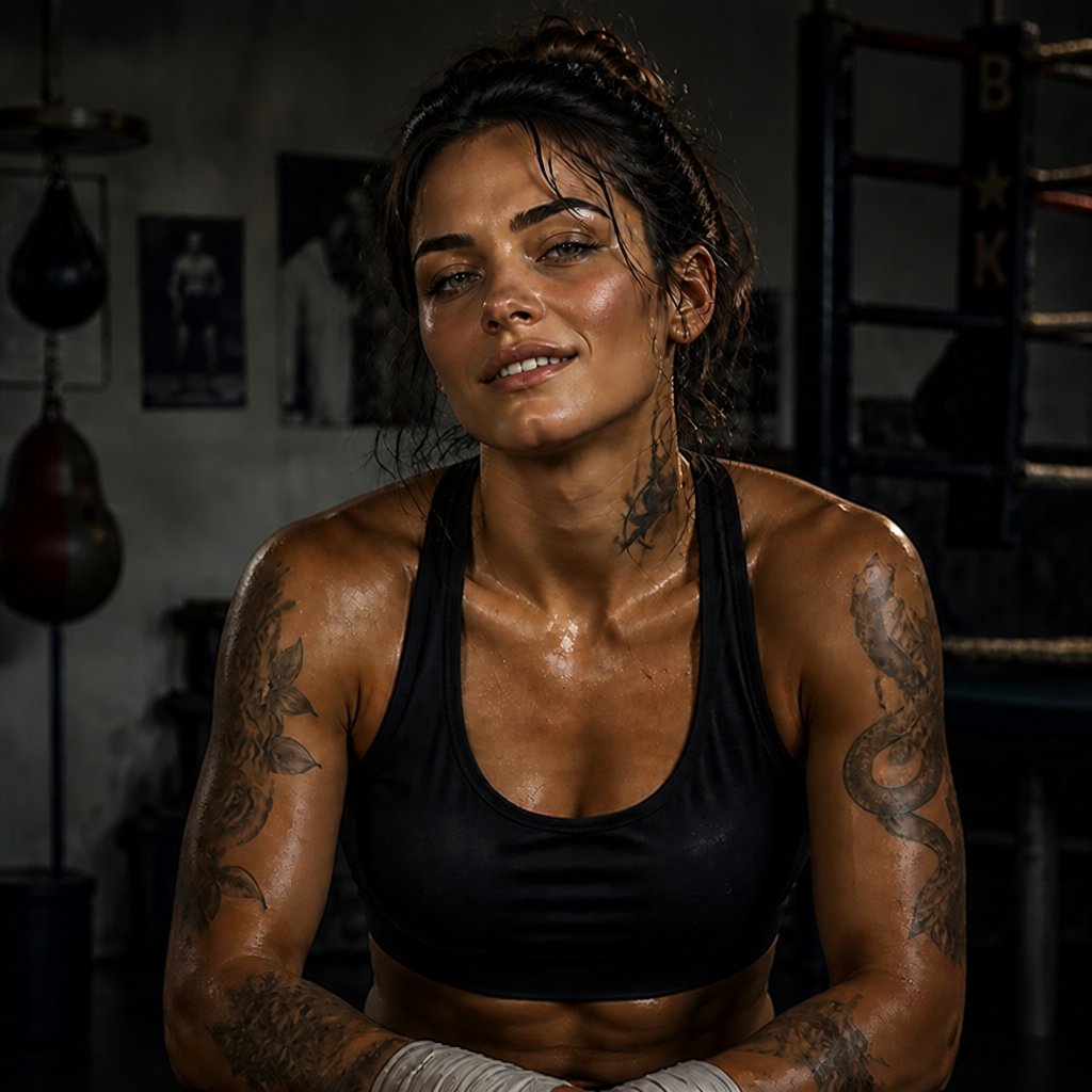 a woman with tattoos sitting in a gym