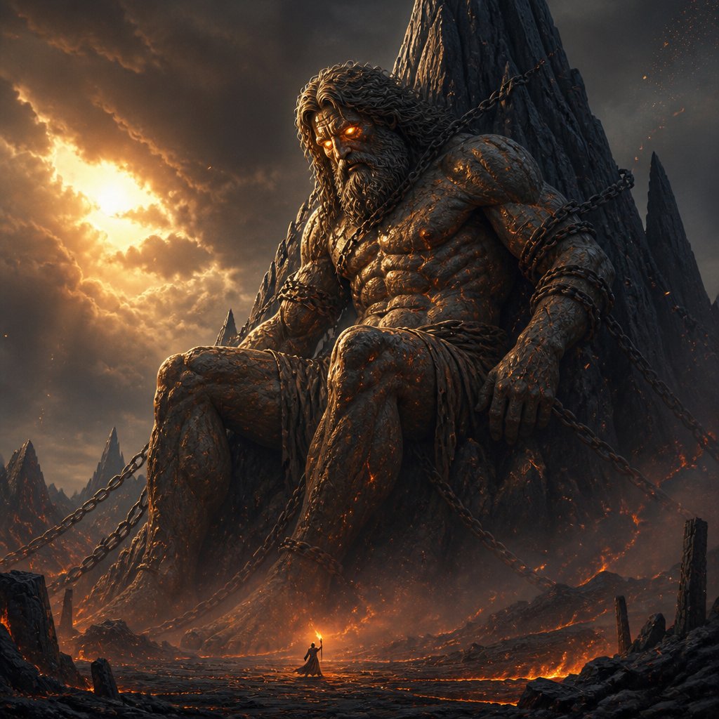 Prometheus Bearer of the First Flame The battlefield becomes ash. An enormous titan sits chained to a mountain. He doesn’t look broken. Only tired. His eyes burn brighter than the sun.