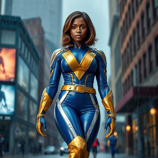 A teenage African American female superhero with shoulder length brown hair with light brown highlights in a side part style wearing a blue gold and silver suit with blue pants and gold boots with a utility belt and a stylized V as her chest symbol standing in Philadelphia while it rains
