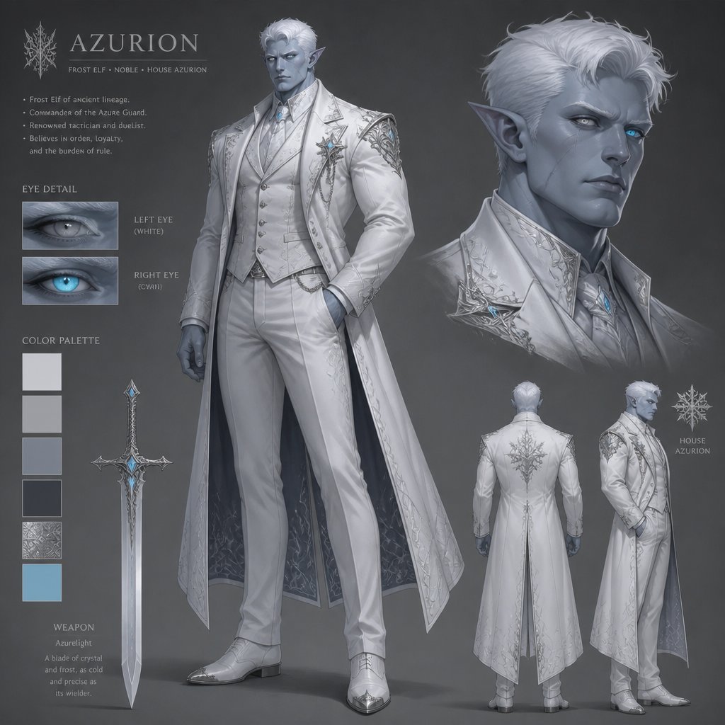 Muscular Frost elf Man with short white hair with one white left eye and cyan right eye one wearing Fancy white suit with long jacket and silver lining