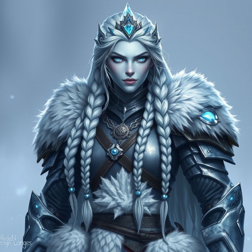 Create a character head to toe showing the whole character, meaning legs feet body face everything: A tall, battle-hardened woman with pale, icy-blue skin. Her long silver hair flows in braids tipped with frozen beads. She wears heavy, fur-lined armor made from the hides of snow beasts. Her eyes glow faint blue. A frost-shaped crown rests lightly on her head.