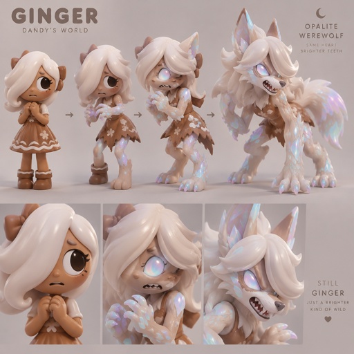 Ginger from dandy’s world turning into a opalite werewolf 