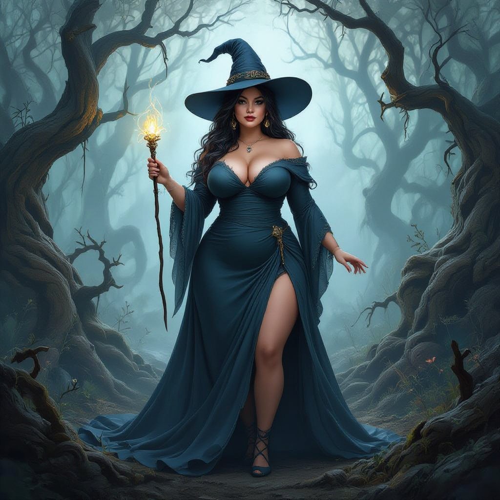 A full body portrait of a curvey plus size witch with long hair and a very dark grey-blue witch hat that matches with her dress, with a small wand in her hand, standing in a rotting forest