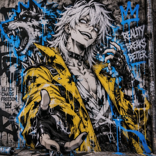 Male, wolf cut white hair, neck length, white eyes, yellow trench coat, metal spike shoulder pads, black choker, low cut white shirt, fingerless gloves with spikes, insane smile, glitch powers