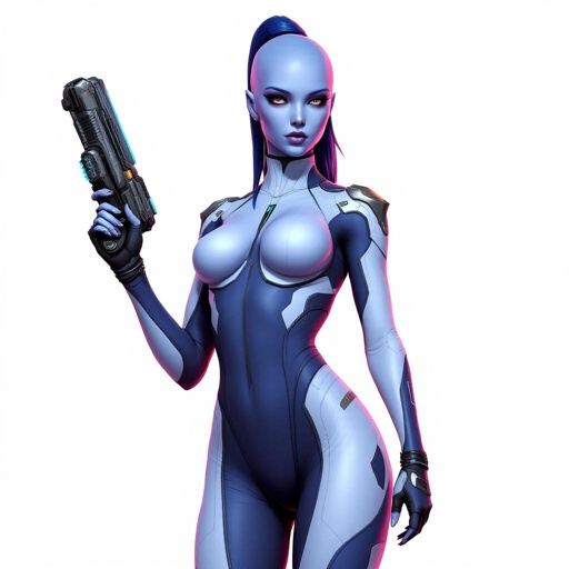 Asari Mass Effect Babe wielding an Omni tool synthweave and Organza indigo amd white tight spy catsuit