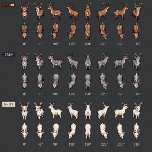 Animal deer female for a fantasy game set in modern times, top-down style, 360, different colors