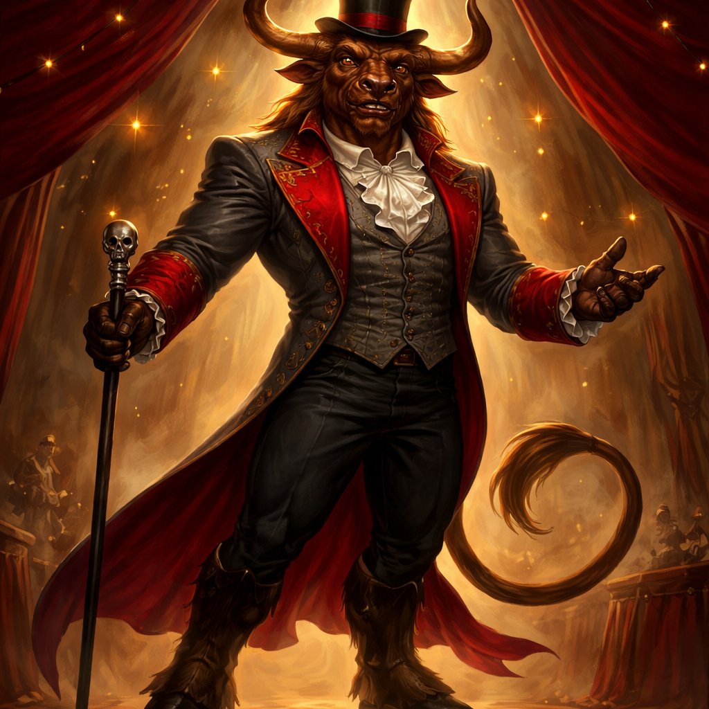 A captivating chestnut brown male Minotaur that’s 6 1/2 feet tall with well~proportioned figure/body with deep set cattle like brown eyes, large powerful gleaming horns like his fathers, a , long tail. He works at freak show as the ringmaster and his abilities are Reality Rejection, Time Manipulation (Chronokineses), Zoolingualism (Language of Cattle only), Human Speech. His outfit consists of a crimson tailcoat, frilly shirt, stunning grey blazer, black pants and top hat.