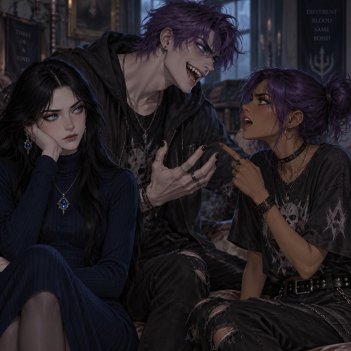 Three siblings, Female name Liz, oldest, tale, pale, beautiful, very call expression, mysterious, black hair long curtain bangs style, bright blue eyes, wearing a dark blue long turtleneck dress, high heels, eye liner,dark eye shadow,red lips, wearing jewelry, Anime style, Agent Ward male, middle child, made to be a weapon, highly skilled, emergency backup case he gets out of control, hair violet messy bun, clean shaven, night vision eyes no goggles, sharp teeth, dark power, tall, intimidating, big grin, he's used as an emergence backup weapon, Female Ann, youngest sibling, medium hight pale, tan, blue eyes, vivid purple dim hair in a messy bun her front hair is swooped down in her right side, mischievous smile, rebel/ grunge clothe style,ward angered by Ann his dark powers increased, Ann arguing back Liz trying to break the argument with intense irritated face expression