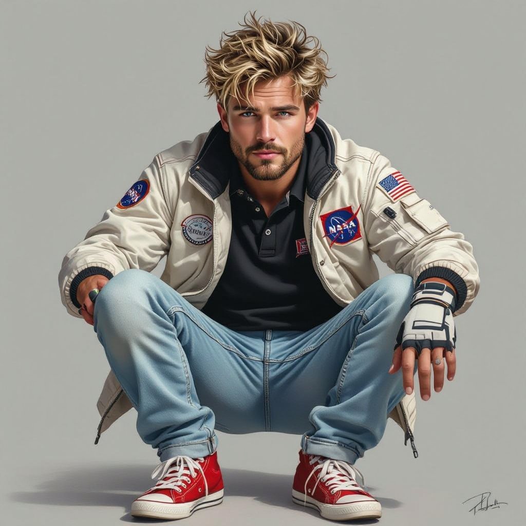 man with Dirty Blonde Unkempt Hair and Goatee. Astronaut Flight Jacket Black And White Polo and Light blue denim jeans with red sneakers