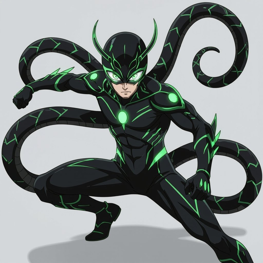 A superhero with a black snake themed super suit with green dots on it 