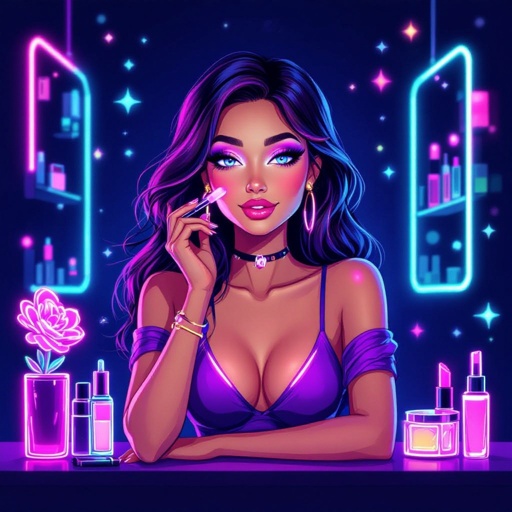 Create a character showing there whole body head to toe, a lady who loves beauty products  