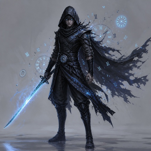 assassin name echo, time power, light blue eyes, blue shadow katana