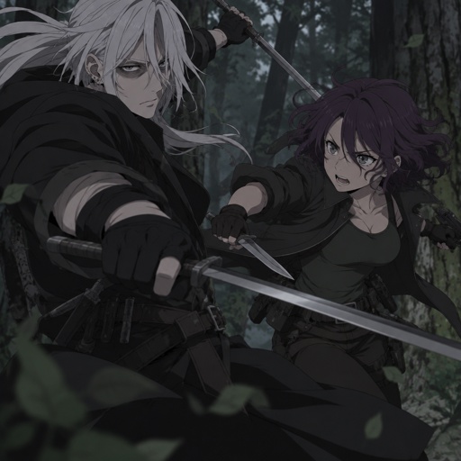 Anime style, male, name kai,highly skilled in fighting all fighting styles and weapons, long white hair half in face ,dark bags,white skin,earrings, history unknown,Female, name is Beth,medium wavy dark purple hair, gray eyes, short, open jacket with a dark green shirt, she is a Bounty Hunter for hire, there fighting in the woods