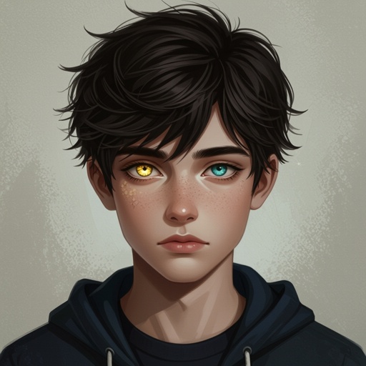 Dark mysterious character teenager boy,with a golden eye and bluish greenish eye