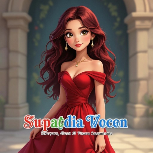 A rebellious but kind teen Princess in a red dress with dark red hair