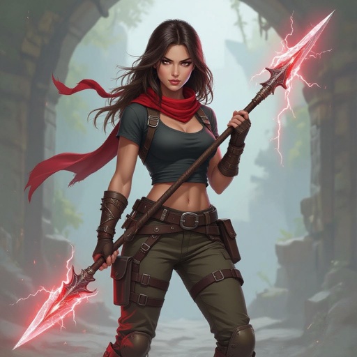 20 year old female with with a rugby-like build, dark brown eyes, medium length pale brown stringy hair, light skin, holding a spear with red lightning coming out of the tip, wearing a red bandana on her head, wearing combat boots and military pants with a long black t-shirt.