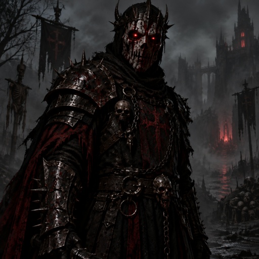 A man in black armour and red and a red horrifying mask