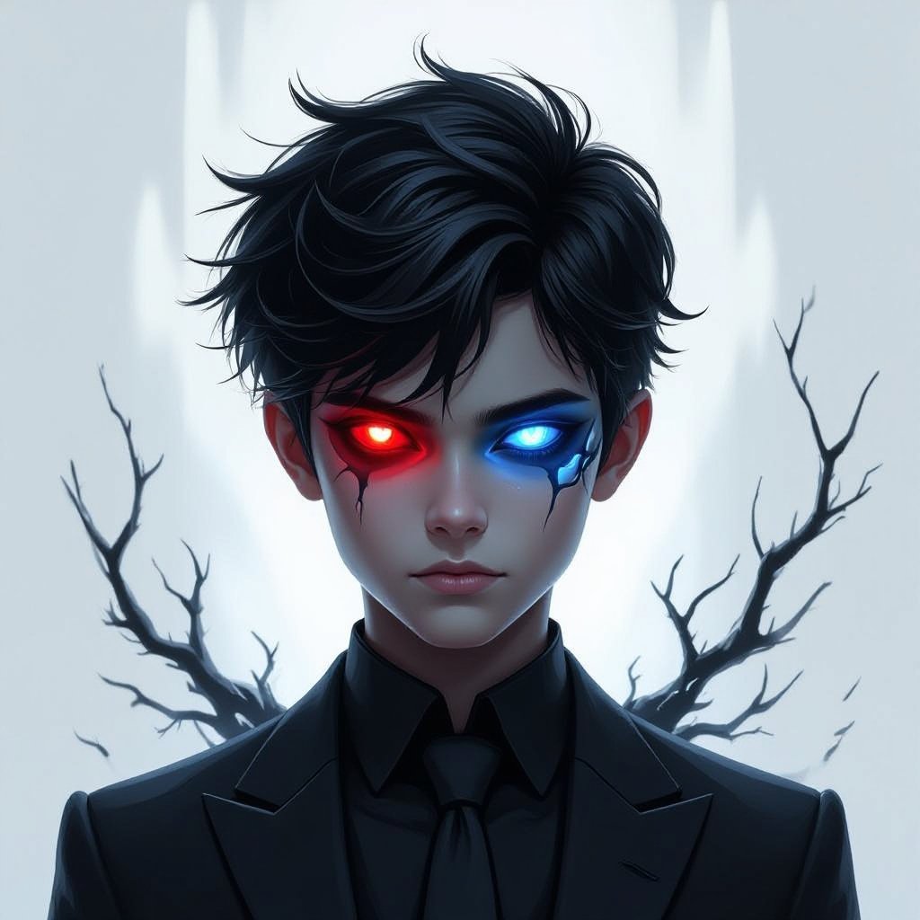 Telekinetic and dark manipulation powers boy teenager 17 years old dark and mysterious and quite with bad past with Heterochromia eyes