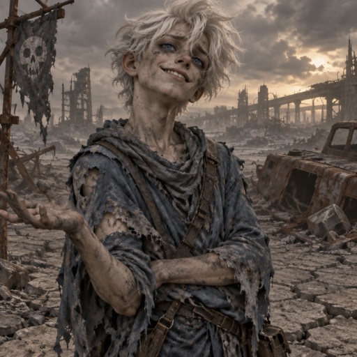 Male, fluffy white hair, big blue eyes, long smile, snobby, wears blue, whiny,