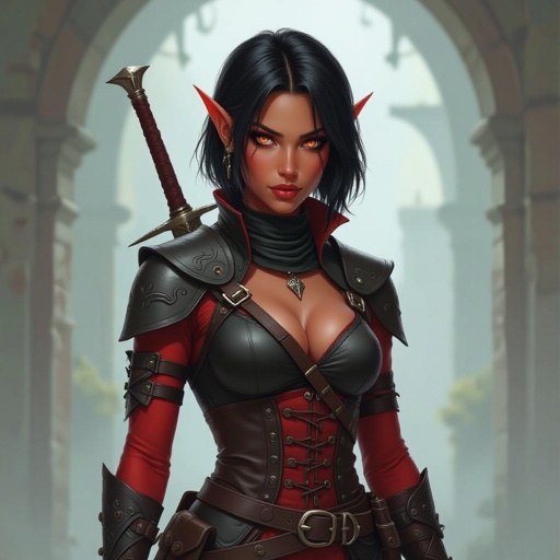 A female tiefling with short black hair in a bob cut with bangs has red skin and orange eyes, tiefling rogue, female tiefling, red skinned female, female with black hair, female with orange eyes, tiefling female, female rogue, dnd rogue, dnd female,