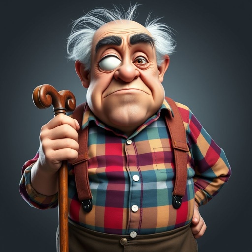 Create a grouchy funny old character who has 1 eye patched. Make him fat with a cane. Show his whole character head to toe in image 