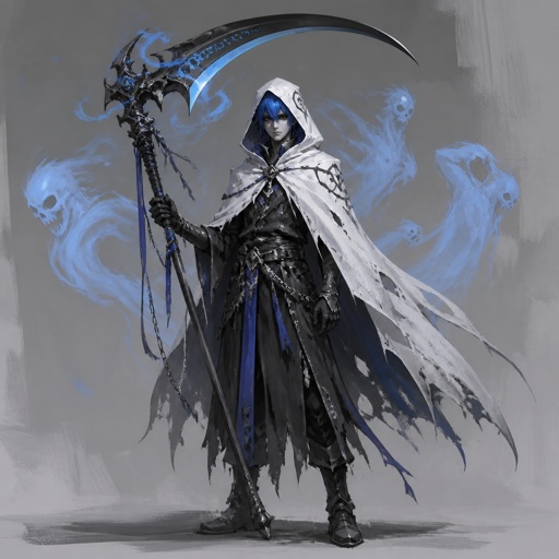 Male superhero with the ability control spirits, blue hair, white cape with hood, black eyes, scythe 