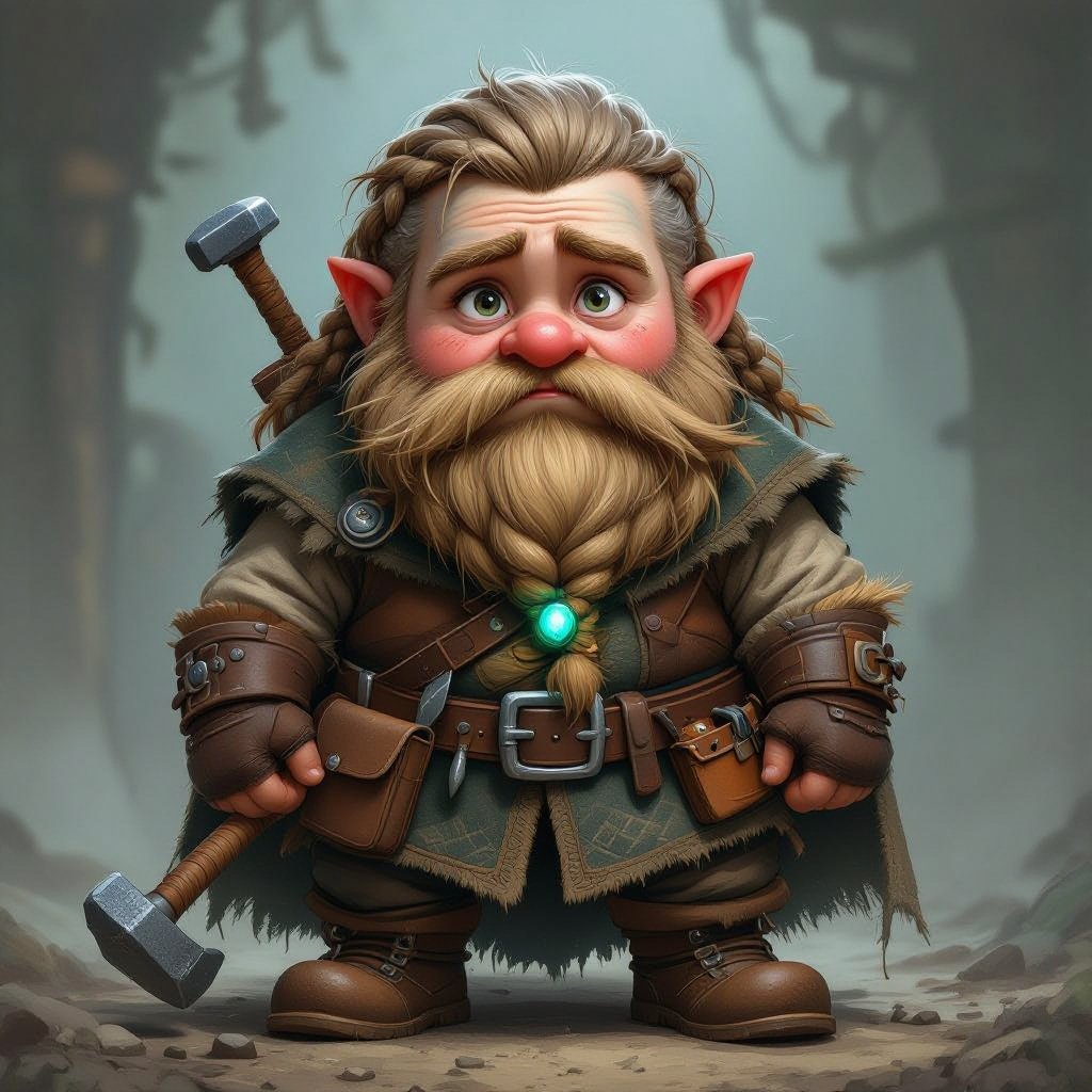Create a stocky dwarf with a worried face, braided beard tucked into his belt, and straw-tousled hair. Wears a soot-stained cloak over a leather smith’s vest, tool belt with hammer and chisels, heavy boots. Subtle turquoise rune glow from a pebble at his neck,