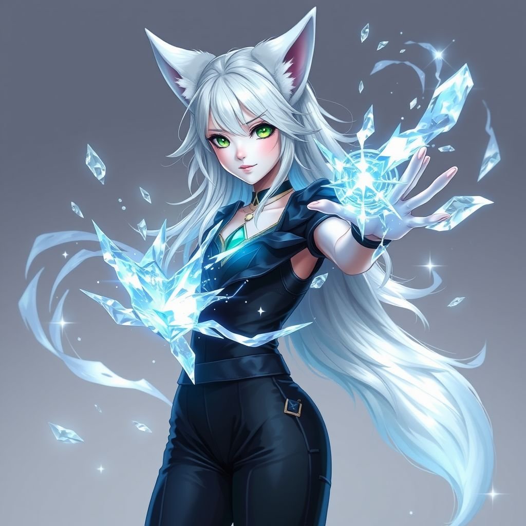 (Genshin Impact based) A pale teenage girl wearing a royal black top and trousers with hair and small fox ears as white as snow with emerald eyes and conducting ice