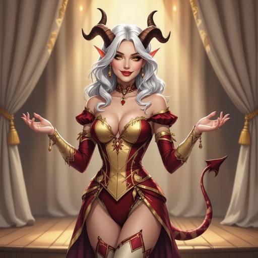 A semi-realistic fantasy portrait of Evangeline Ivey, the Fierna Tiefling Bard of the College of Glamour, performing upon a softly lit stage. The setting is elegant and theatrical — an ivory-curtained stage with warm candlelight spilling from antique candelabras, soft wood flooring, and drifting violet-and-gold ribbons of arcane music winding through the air.  Appearance Her skin is smooth porcelain-pale (#F3EDEB), evenly lit with soft candle glow. Her long silver-white hair (#D6D6DA) cascades down her back in shining waves. She has amber-gold eyes (#C88C21) that glint mischievously beneath long lashes. Across her brow rise dark brown ridged horns (#4A3A2C), symmetrical and cleanly curved back from her forehead. A slender devilish tail, pale to match her skin and ending in a red-and-black spade tip, curves gracefully behind her.  Outfit (Hard-Lock) She wears her cream and deep-red harlequin bodysuit with gold trim and embroidery — no purple tones anywhere. The fabric is finely tailored, elegant rather than gaudy. • Cream panels (#E9DFC7) catch the candlelight. • Deep red diamonds (#AA1E1E) shimmer with subtle velvet texture. • Gold embroidery (#C9A33A) forms curling arcane motifs along her neckline and cuffs.  Pose & Expression Full-body portrait to the shins, balanced in composition. Evangeline stands in an elegant dancing pose, one hip cocked, shoulders angled, her weight on one leg. Her hands hover mid-gesture — poised between spell and performance. Her lips curl in a knowing smirk, one brow lifted in playful confidence. Her gaze meets the viewer’s, amused and commanding, like a performer mid-spotlight.  Lighting & Tone Warm candlelight key illumination, gentle soft rim light outlining her silhouette. The magical ribbons cast subtle violet and gold reflections on her outfit and hair. The atmosphere is theatrical, romantic, and alive with bardic energy — a moment between music and magic.  Composition • Full-body (to shins) • 2:3 aspect ratio • Even, soft studio lighting — her porcelain skin remains consistent and luminous across face and body • Background: ivory curtains, wooden stage floor, soft candle glow, faint magical haze  Mood Charming, confident, and radiant — the bard as spell and spectacle made one.