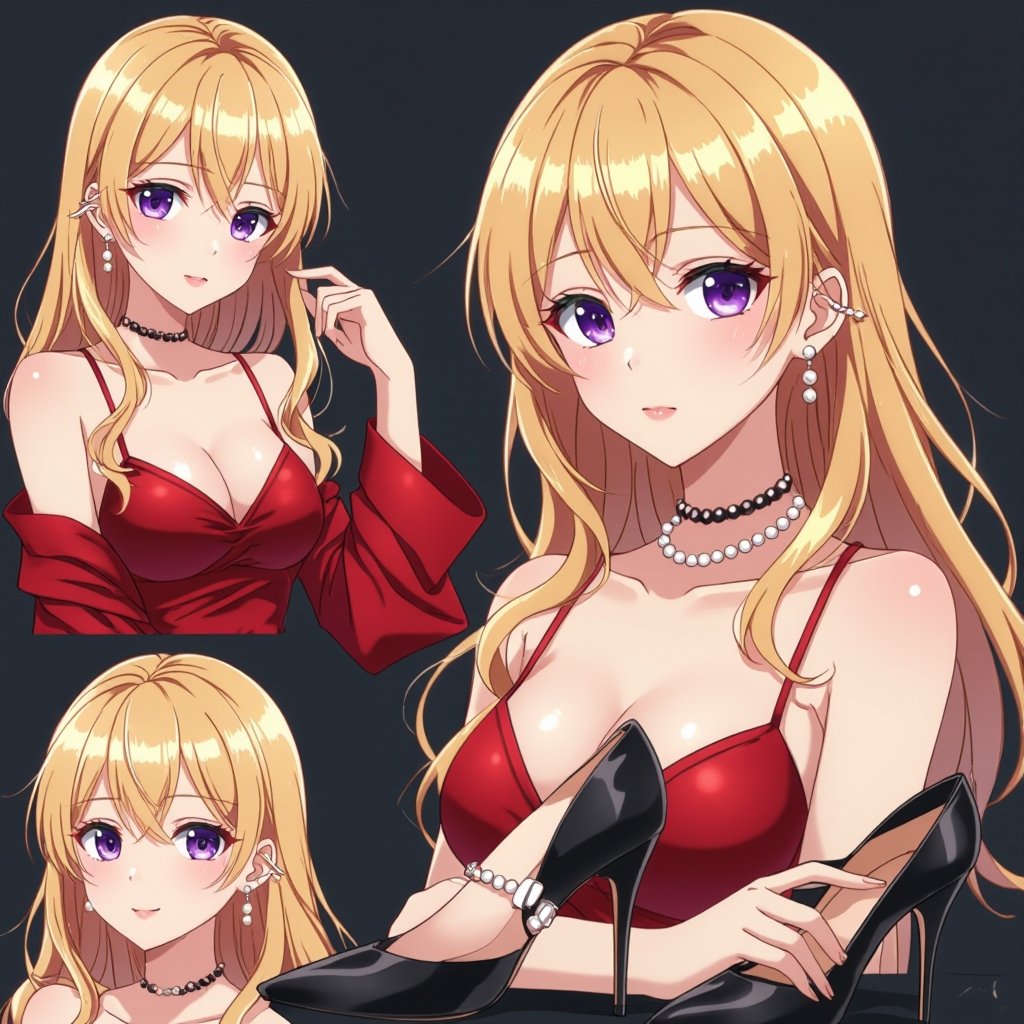 She has blonde hair and purple eyes and a red dress and black high heels and pearl earrings 