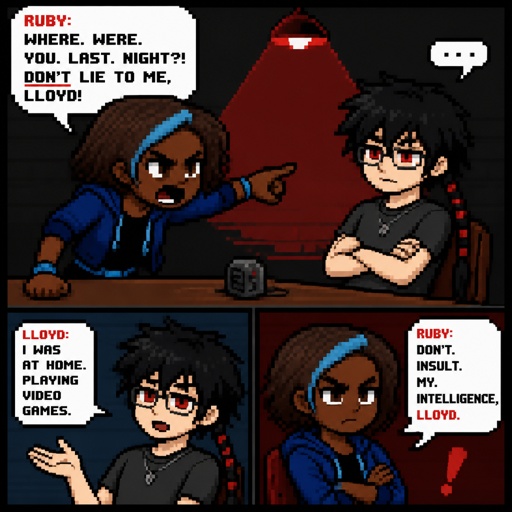 Anime style, Ruby she's dark skin with brown hair and light blue, streak, serious, intimidating, makes sure she gets all the answers she needs,very good at interrogating the suspect, is very loud, being calm is hard, loves tea.Anime white male, name Lloyd, hair messy very big long one loose braid, black hair with light red stripes, clean shaven,red eyes, long scary fingers spider fangs,glasses, sarcastic, cold, laugh mockingly, traumatized,was a unwillingly experiment many years before getting rescued, no memory of his past, has power of a spider, poisonous makes spider webs with his hands, can communicate and control spiders, on right arm a print says sub 389, doesn't remember anything from his past,very dangerous, being taken care of in a special agency.there all in the same room asking Lloyd questions,Lloyd is wearing casual clothes ,as a comic 