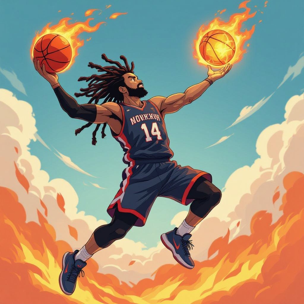 My character is a kind of muscular kind of light skin guy with 12 wicks(big dreadlocks) and a basketball jersey with the number 14 and he is jumping in the air to dunk the ball, and the ball is on fire