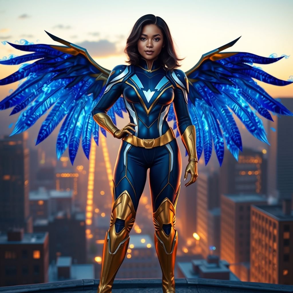 A young African American female superhero with shoulder length hair in a side part style wearing a blue and white suit made of spandex like material that’s slightly armored with gold accents with white pants and gold boots with a stylized V as her chest emblem with wings made of blue fire standing on a roof in a Philadelphia at dawn