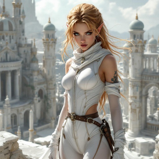 Strawberry Blonde High Elf Assassin in a Stealth white Fitted Tight organza jumpsuit. No tattoos.She’s hunting in a marble fantasy capital city