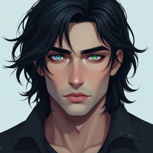 6foot man, weary raven black hair, eyes too Half steel blue and bottom half viridian green. Sharp jaw, diamond face and almond/hooded eyes. 