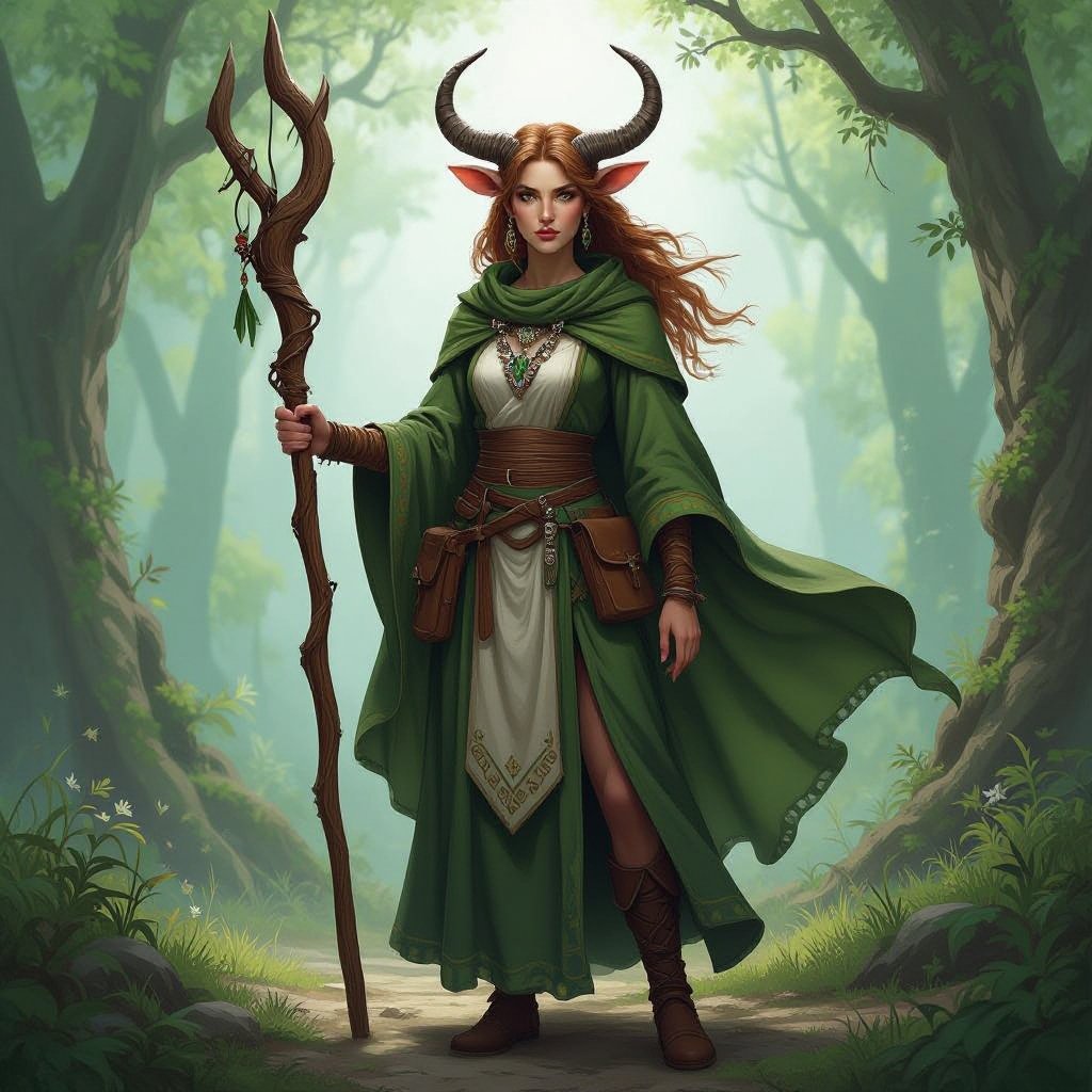 A female Firbolg (bovine-folk) Druid