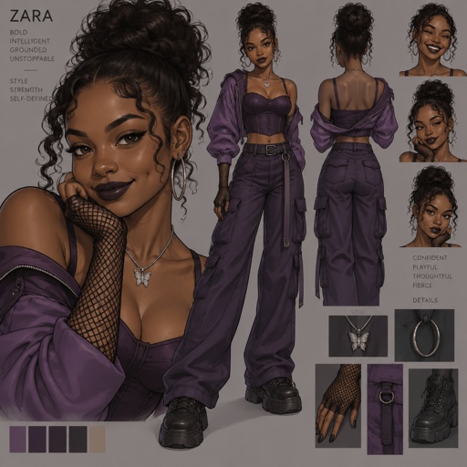 Female, African American, modern clothes, brown eyes, dimples, fish net gloves, purple, necklace, earrings, dark lipstick, 